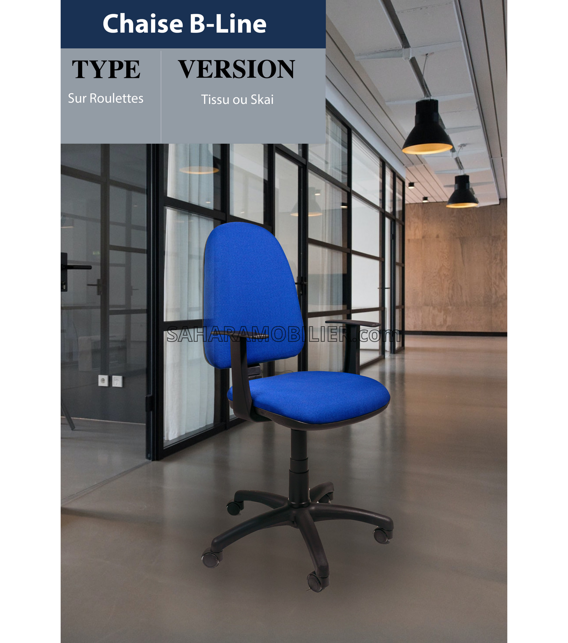 Fauteuil opérateur B-LINE  en tissu bleu fabriqué sur commande Piètement étoile sur roulettes à cinq branches en matière PVC 