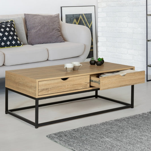 TABLE BASSE 2 TIROIRS 110 CM DESIGN INDUSTRIEL